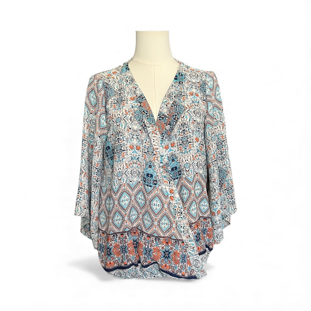 💙🧡🤍 EUC VERONICA M Boho Wrap Top Blouse in Orange, Blue & White | Sz L